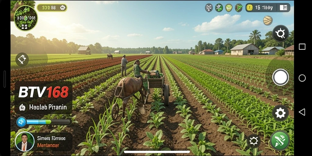 Tampilan gameplay <strong>BTV168</strong> dengan aktivitas pertanian yang beragam.