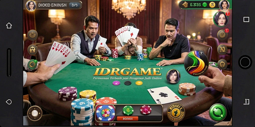 Tampilan gameplay menarik dari aplikasi IDRGAME yang menampilkan satu meja poker.