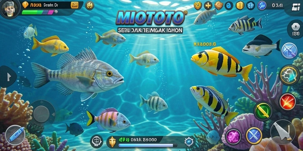 Screenshot menunjukkan aksi menembak ikan di lautan yang penuh warna.